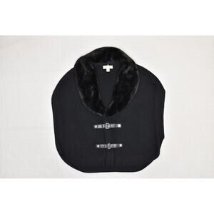 Michael Kors Sweater Cape Womens Large Black Faux Fur Collar Knit Poncho Layer